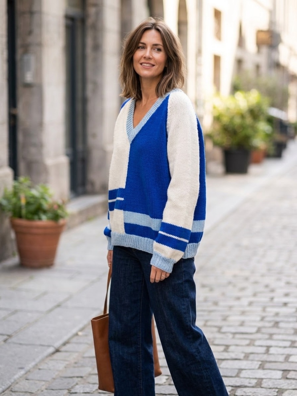 Handmade V-Neck Colorblock Knit Sweater in Blue and Cream